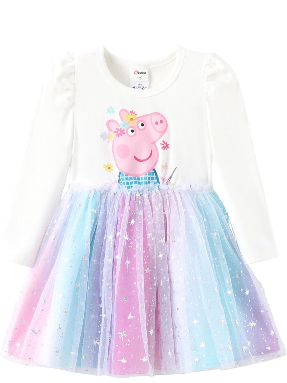NWT PatPat White Long-Sleeve Peppa Pig Pastel Tulle Dress, 3Y - 4Y